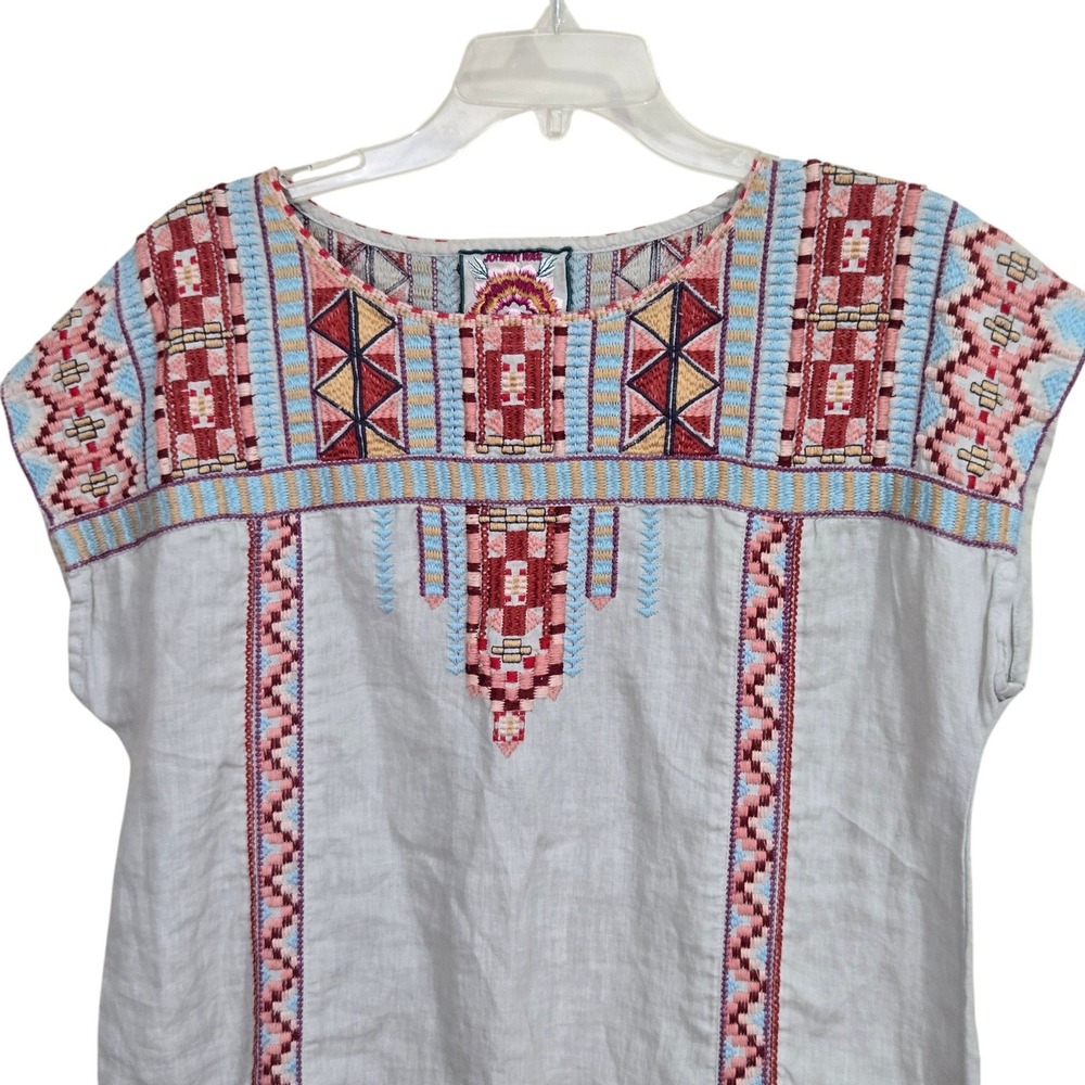 Johnny Was Linen Embroidered Shift Dress M J35419-3 Boho Festival Aztec Tribal - Picture 4 of 10